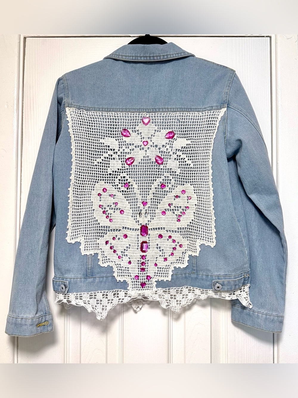 Light Wash Denim Jacket with Crochet Butterfly and Pink Gems